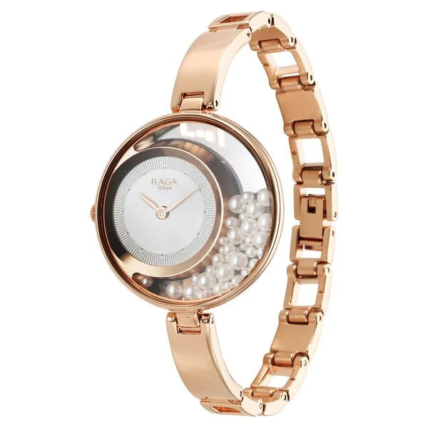 Titan Raga Power Pearls Women's Watch Analog White Dial With Loose Pearls Rose Gold Stainless Steel  Band, 95224WM01