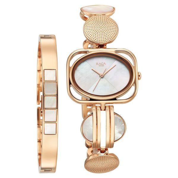 Titan Raga Power Pearls Women's Analog Watch Mother Of Pearl Dial With Rose Gold Stainless Steel Mesh Band, 95225WM01