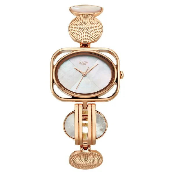 Titan Raga Power Pearls Women's Analog Watch Mother Of Pearl Dial With Rose Gold Stainless Steel Mesh Band, 95225WM01