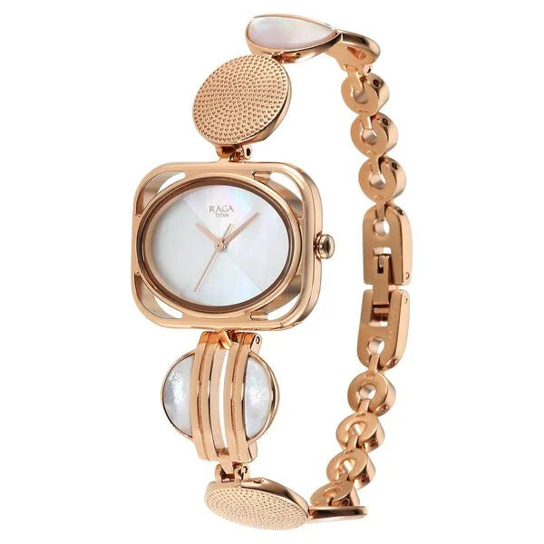 Titan Raga Power Pearls Women's Analog Watch Mother Of Pearl Dial With Rose Gold Stainless Steel Mesh Band, 95225WM01