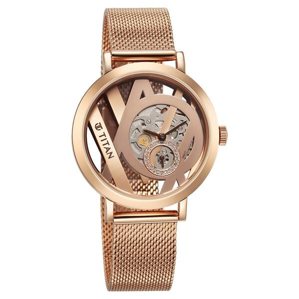 Titan Purple Abstract Women's Watch Analog Rose Gold Dial with Mesh Band, 95228WM01