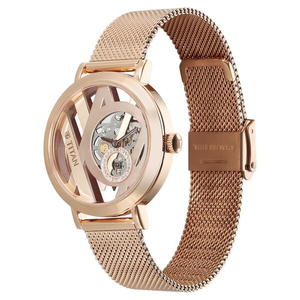 Titan Purple Abstract Women's Watch Analog Rose Gold Dial with Mesh Band, 95228WM01
