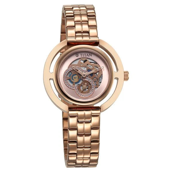 Titan Purple Abstract Women's Watch Analog Pink Dial with Rose Gold Stainless Steel Band, 95231WM01