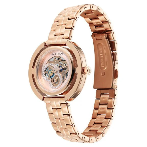 Titan Purple Abstract Women's Watch Analog Pink Dial with Rose Gold Stainless Steel Band, 95231WM01