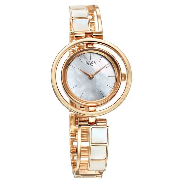 Titan Raga Power Pearls Women's Watch Analog Mother Of Pearl Dial With Rose Gold Stainless Steel  Band , 95232WM01