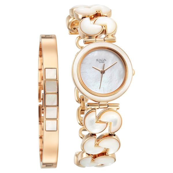 Titan Raga Power Pearls Women's Analog Watch Mother Of Pearl Dial With Rose Gold Stainless Steel Band, 95233WM01