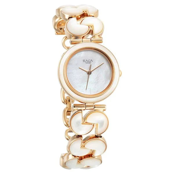 Titan Raga Power Pearls Women's Analog Watch Mother Of Pearl Dial With Rose Gold Stainless Steel Band, 95233WM01