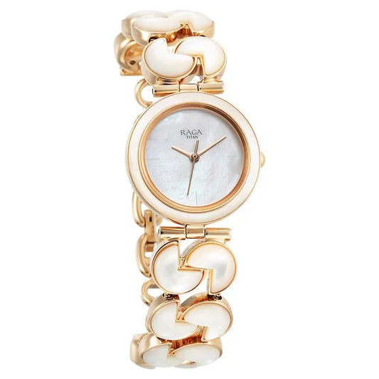 Titan Raga Power Pearls Women's Analog Watch Mother Of Pearl Dial With Rose Gold Stainless Steel Band, 95233WM01