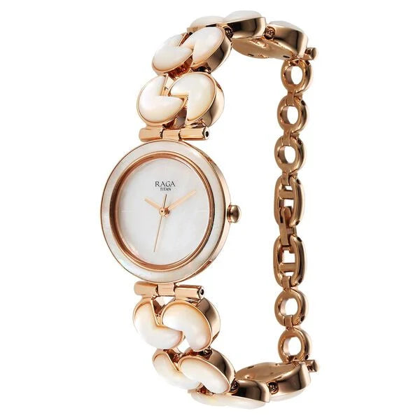 Titan Raga Power Pearls Women's Analog Watch Mother Of Pearl Dial With Rose Gold Stainless Steel Band, 95233WM01