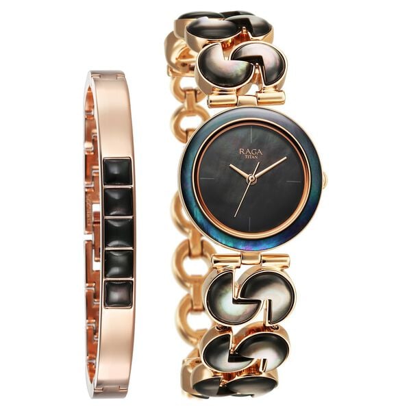 Titan Raga Power Pearls Women's Analog Watch Black Pearl Dial With Rose Gold Stainless Steel Band, 95233WM02