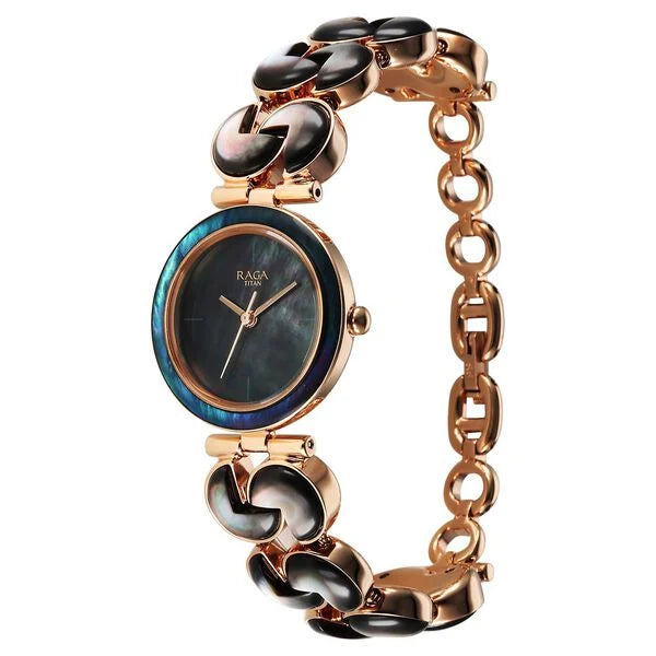 Titan Raga Power Pearls Women's Analog Watch Black Pearl Dial With Rose Gold Stainless Steel Band, 95233WM02
