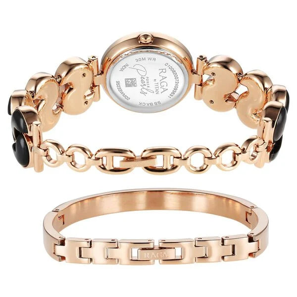 Titan Raga Power Pearls Women's Analog Watch Black Pearl Dial With Rose Gold Stainless Steel Band, 95233WM02