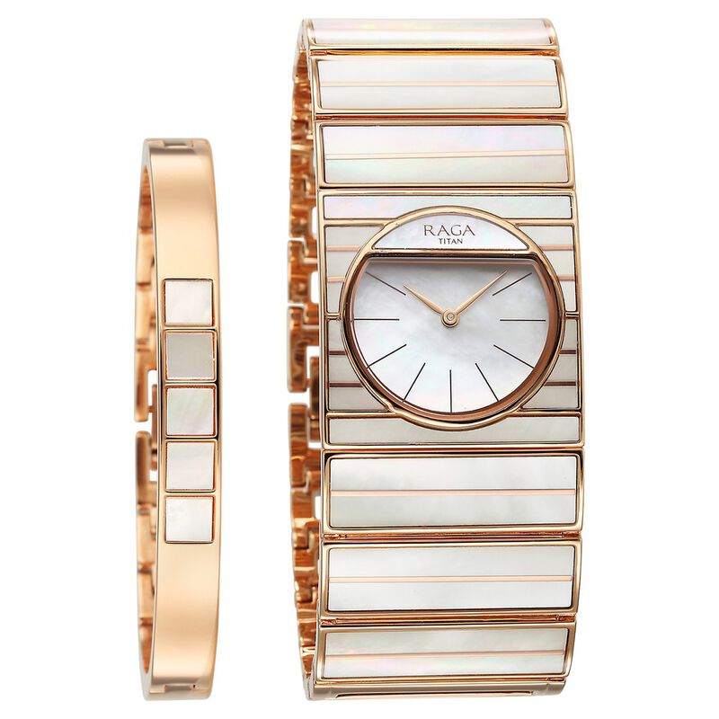 Titan Raga Power Pearls Analog Mother Of Pearl Dial With Rose Gold Metal Band, 95234WM01