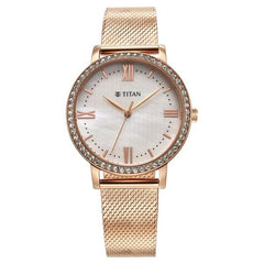 Titan Purple Women's Watch Analog White Dial with Rose Gold Stainless Steel Band, 95236WM01