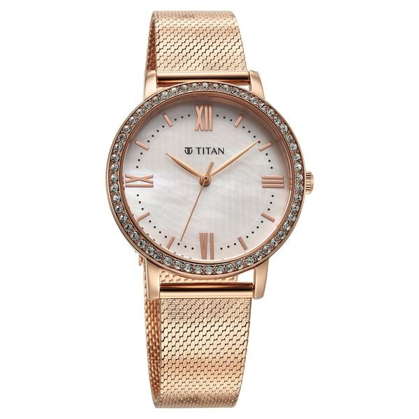 Titan Purple Women's Watch Analog White Dial with Rose Gold Stainless Steel Band, 95236WM01