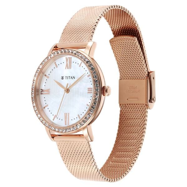 Titan Purple Women's Watch Analog White Dial with Rose Gold Stainless Steel Band, 95236WM01