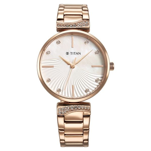 Titan Purple Women's Analog Watch Black Mother Of Pearl Dial With Gold Stainless Steel Band, 95237WM01