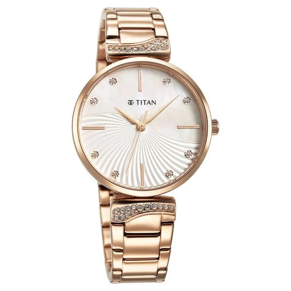 Titan Purple Women's Analog Watch Black Mother Of Pearl Dial With Gold Stainless Steel Band, 95237WM01