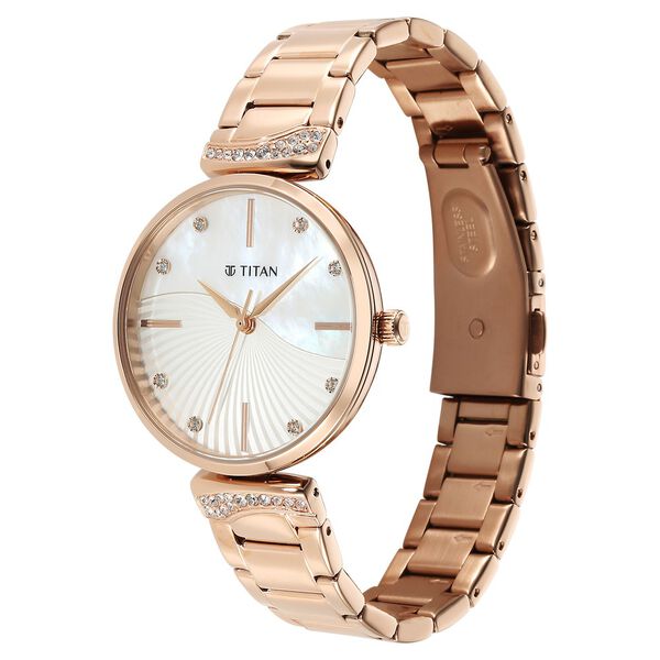 Titan Purple Women's Analog Watch Black Mother Of Pearl Dial With Gold Stainless Steel Band, 95237WM01