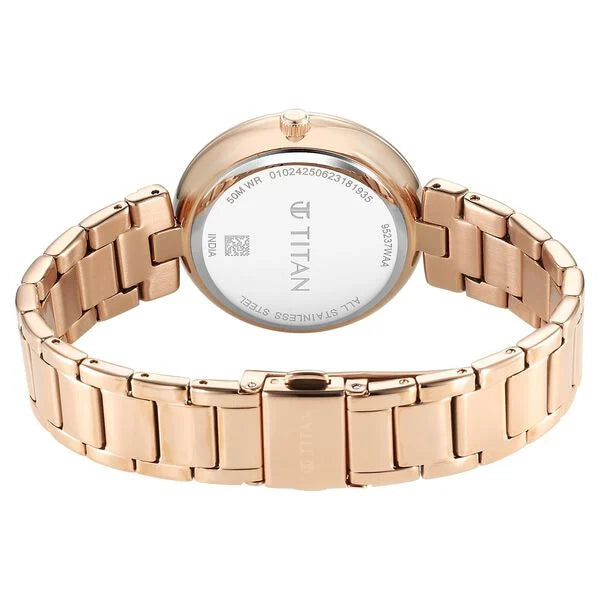Titan Purple Women's Analog Watch Black Mother Of Pearl Dial With Gold Stainless Steel Band, 95237WM01
