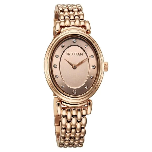 Titan Aura Women's Analog Watch Rose Gold Pearl Dial With Gold Stainless Steel Band, 95242WM01
