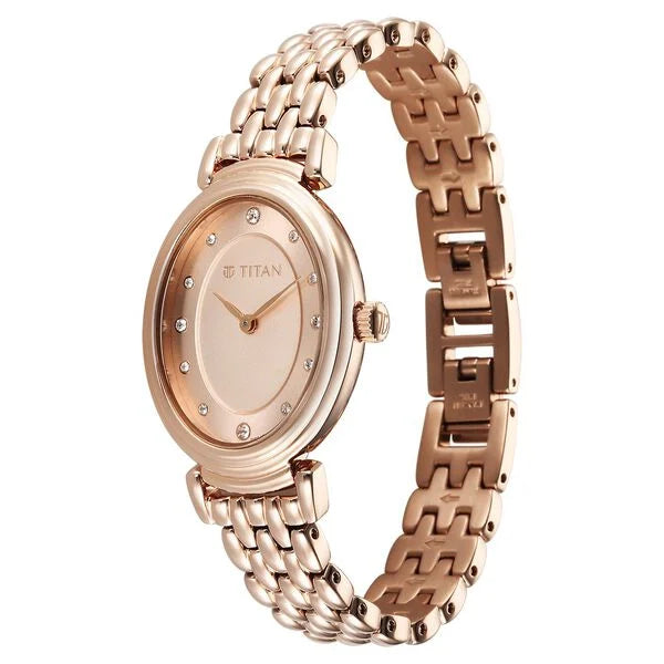 Titan Aura Women's Analog Watch Rose Gold Pearl Dial With Gold Stainless Steel Band, 95242WM01