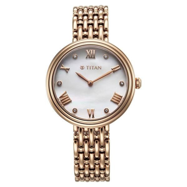 Titan Aura Women's Watch Analog Mother of Pearl Dial with Rose Gold Stainless Steel Band, 95243WM01