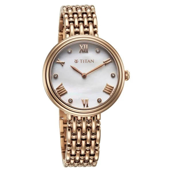 Titan Aura Women's Watch Analog Mother of Pearl Dial with Rose Gold Stainless Steel Band, 95243WM01