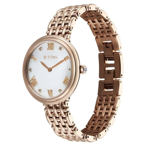 Titan Aura Women's Watch Analog Mother of Pearl Dial with Rose Gold Stainless Steel Band, 95243WM01