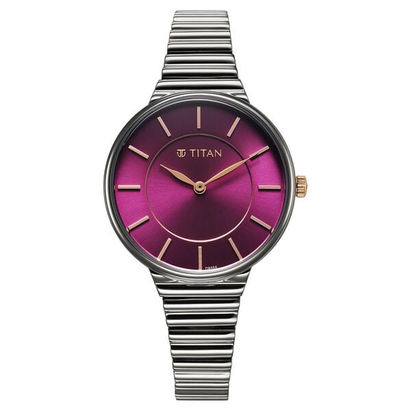 Titan Aura Women's Watch Analog Purple Dial with Silver Stainless Steel Band, 95245KM01