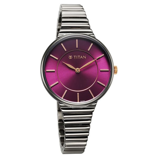 Titan Aura Women's Watch Analog Purple Dial with Silver Stainless Steel Band, 95245KM01