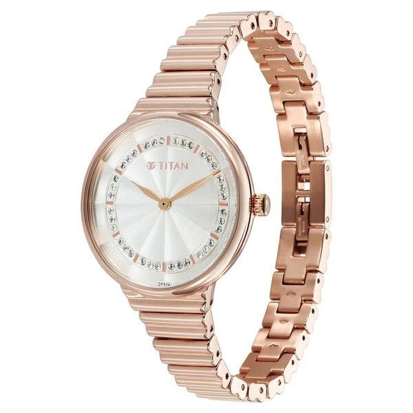 Titan Aura Women's Watch Analog Silver Dial with Rose Gold Stainless Steel Band, 95245WM02