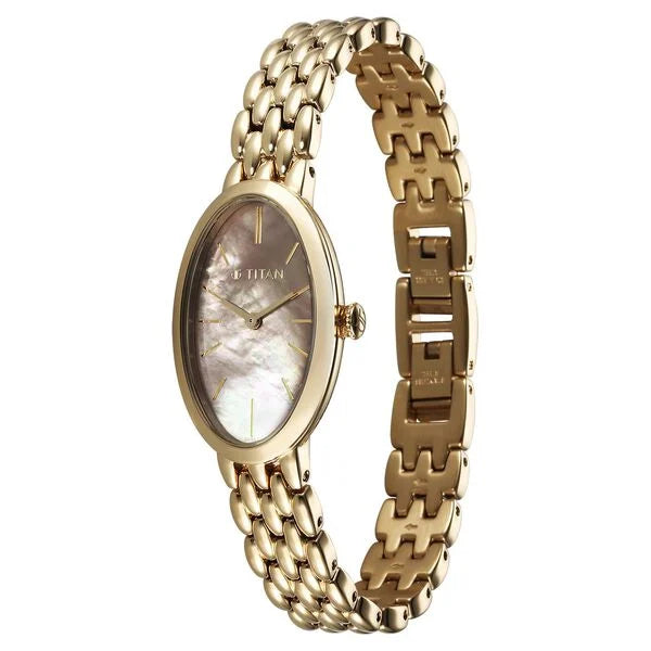Titan Aura Women's Watch Analog Mother of Pearl Dial with Gold Stainless Steel Band, 95246YM01