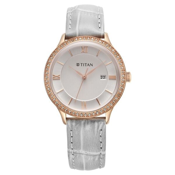 Titan Bright Leathers Women's Watch Analog Silver Dial with Silver Leather Strap, 95247WL03