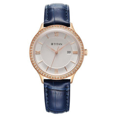 Titan Bright Leathers Women's Watch Analog Silver Dial with Blue Leather Strap, 95247WL06