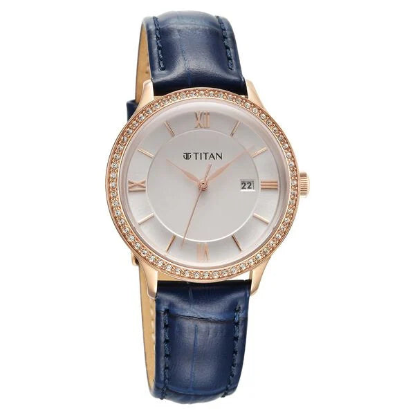 Titan Bright Leathers Women's Watch Analog Silver Dial with Blue Leather Strap, 95247WL06