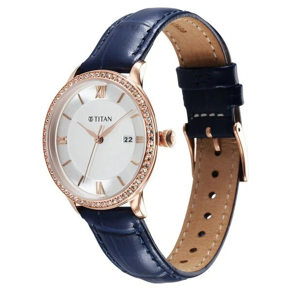 Titan Bright Leathers Women's Watch Analog Silver Dial with Blue Leather Strap, 95247WL06