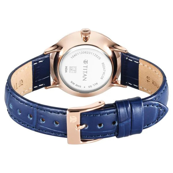 Titan Bright Leathers Women's Watch Analog Silver Dial with Blue Leather Strap, 95247WL06