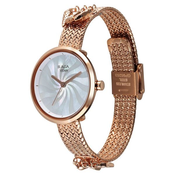 Titan Raga Women's Watch Analog Mother of Pearl Dial with Rose Gold Stainless Steel Band, 95253WM01