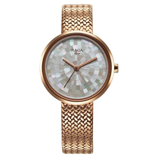 Titan Raga Women's Watch Analog Mother of Pearl Dial with Rose Gold Stainless Steel Band, 95253WM02