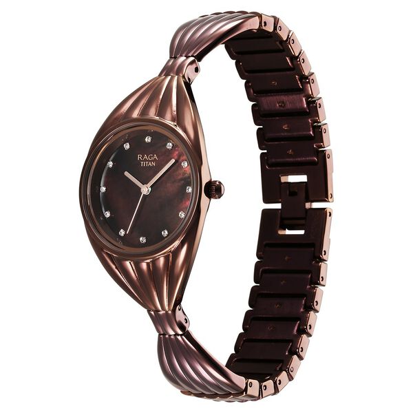 Titan Raga Women's Watch Analog Mother of Pearl Dial with Brown Stainless Steel Band, 95254QM01