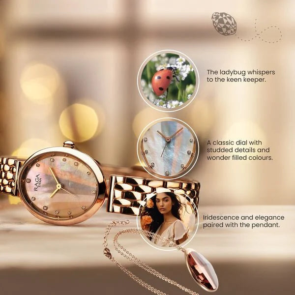 Titan Raga Women's Watch Analog Mother of Pearl Dial with Rose Gold Stainless Steel Band, 95258WM01