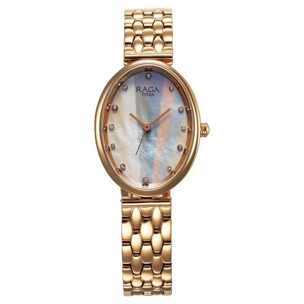 Titan Raga Women's Watch Analog Mother of Pearl Dial with Rose Gold Stainless Steel Band, 95258WM01