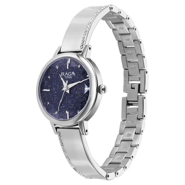 Titan Raga Women's Watch Analog Blue Dial with Silver Stainless Steel Band, 95267SM01