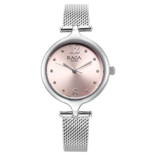 Titan Raga Showstopper Women's Watch Analog Pink Dial with Silver Mesh Band, 95268SM01