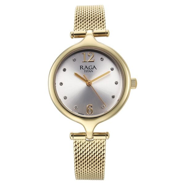 Titan Raga Showstopper Women's Watch Analog Silver Dial with Gold Mesh Band, 95268YM01