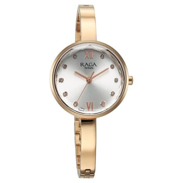 Titan Raga Showstopper Women's Watch Silver Dial with Rose Gold Stainless Steel Band, 95271WM02