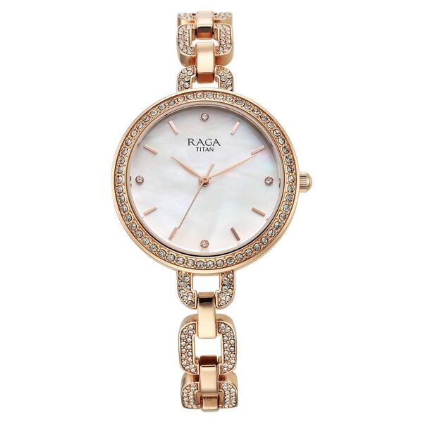 Titan Raga Showstopper Women's Watch Analog Mother of Pearl Dial with Rose Gold Stainless Steel Band, 95272WM01