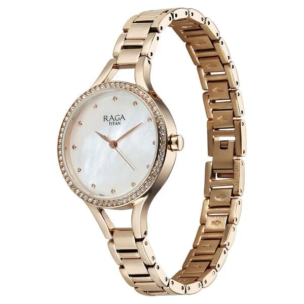 Titan Raga Women's Analog Watch Mother Of Pearl Dial With Golden Stainless Steel Strap , 95275WM01
