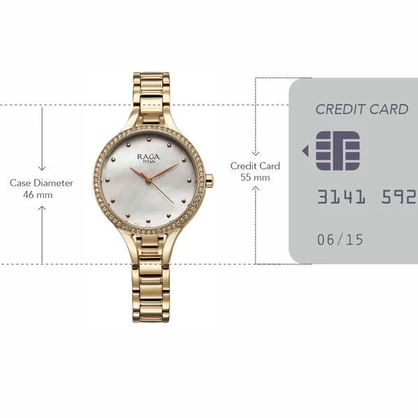 Titan Raga Women's Analog Watch Mother Of Pearl Dial With Golden Stainless Steel Strap , 95275WM01